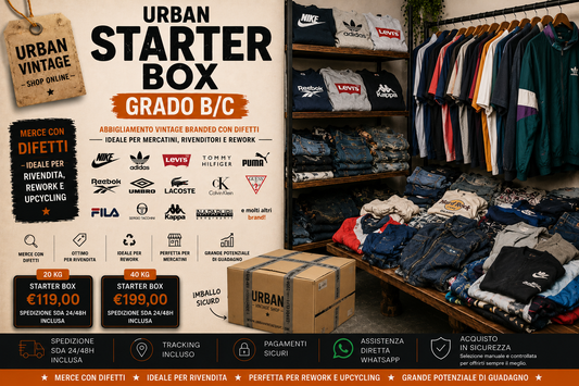 URBAN STARTER BOX – ABBIGLIAMENTO BRAND VINTAGE GRADO B/C   Box di abbigliamento firmato con difetti. Ideale per mercatini, rivenditori, rework e upcycling.